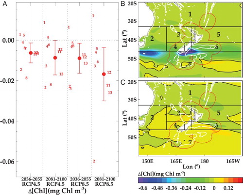 Figure 8. A, Projections of mean change (Δ, ±1 standard deviation) in surface Chl-α (mg m−3) for Mid and End-Century under RCP4.5 and 8.5 (delineated by vertical dashed lines) from the inner ESMs for the SWP (adapted from R16). Negative values indicate a decrease in concentration, and the horizontal dashed line indicates zero change. The numbers indicate the mean for each individual ESM (see Suppl. Table S1). Regional variation of the projected change in Chl-α for the End-Century under RCP8.5, using B, ESM2 and C, ESM5. The regional boxes are indicated by number, the white contour is the 1000 metre isobath, and the black contours indicate zero change.