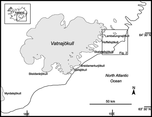 FIGURE 1. Map of southeast Iceland showing the location of the study area (boxed). Other glaciers referred to in the text are also shown