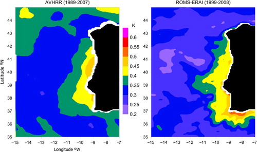 Fig. 6 Inter-annual standard deviation of the SST field in (left) the AVHRR satellite data 1989–2007, and (right) the ROMS+ERA-Interim simulation 1989–2008.