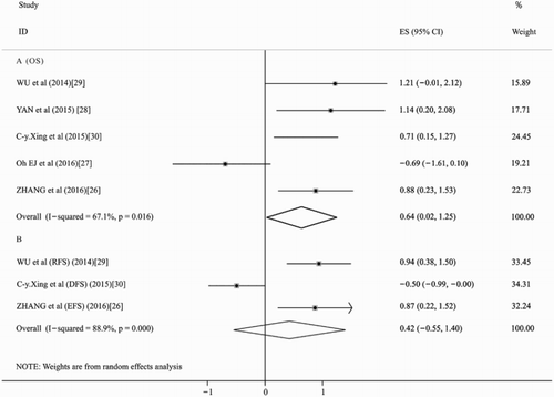 Figure 2. Forest plots of the hazard ratios (HRs) and 95% confidence intervals for overall survival (OS) in leukemia and lymphoma patients (a) and the HRs and 95% confidence intervals for (EFS/DFS/RFS) in leukemia and lymphoma patients (b). The size of the blocks or diamonds represents the weight and the length of the straight line represents the width of 95% CI.