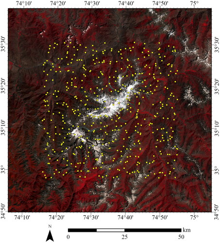 Figure 1. Stratified-random sampling of locations over the Nanga Parbat Massif in Pakistan. Sample locations (yellow points) are depicted over a false-color composite of Landsat 8 imagery (R = NIR, G = red, B = green). the Landsat imagery is a mosaic of scenes that were selected for minimal cloud cover and temporal proximity: paths 149-150, rows 35-36, acquired on August 4th and September 12th, 2018.