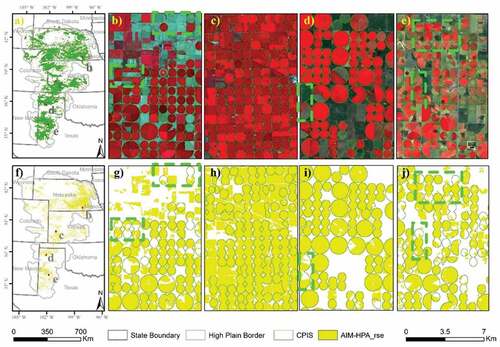 Figure 15. Comparison between proposed CPIS with annual irrigation maps across the entire high plains aquifer (AIM-HPA_rse) (Deines et al. Citation2019). a-e and f-j are Pivot-Net CPIS maps and AIM-HPA_rse, respectively.