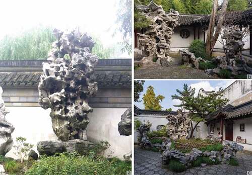 Figure 5. a: Special placement of Taihu stone in the Yuyuan Garden © Gisling, CC BY-SA 3.0, via Wikimedia Commons; b: Symmetry placement of Taihu stone in the Lion Grove Garden © King of hearts, CC BY-SA 4.0, via Wikimedia Commons; c: Scattered placement of Taihu stone in the lion grove garden © King of Hearts, CC BY-SA 4.0, via Wikimedia commons.