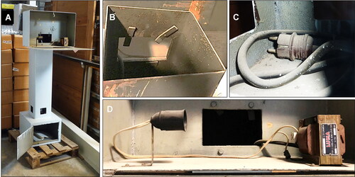 Figure 13. Erdtman’s aerosol equipment in the loft of the Naturhistoriska riksmuseet, Stockholm: A. Front elevation showing the hinged flap which acts as a support for the manometer when open and the open compartment at the base containing data recording forms (equipment height 153 cm); B. Vacuum cleaner housing; C. Power cable and plug; D. Lamp bulb holder and voltage transformer (MNH).