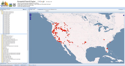 Figure 5. Map viewer of the GSE user interface displaying fire location data selected from the State of California’s Natural Resource Agency.