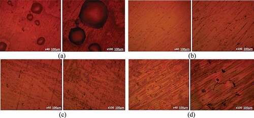 Figure 5. Optical images of heat treated steels after corrosion test in 0.05 M H2SO4/3.5% NaCl (a) S409, (b) S430, (c) S316 and (d) S444
