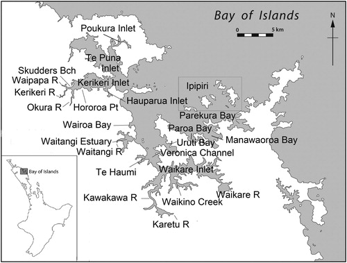 Figure 1. Bay of Islands, showing places mentioned in text and location on the North Island of New Zealand.