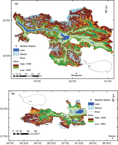 Figure 1. (a) Catchment of Bangong Co; (b) catchment of Dagze Co. The inserts show the locations of Bangong Co and Dagze Co on the Tibetan Plateau