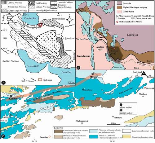 Figure 1. (A) Modified sketch map of Iran showing geologic provinces (adapted from Stöcklin, Citation1968; Aghanabati, Citation2004). (B) Tethyan mountain ranges (simplified from Okay, Citation1989; Özcan et al., Citation2016) and location of studied region in the Alborz zone from Iran. (C) Simplified geological map from eastern Alborz region (after General geological map of Iran, 1:250000 from Sharabi, Citation1990)