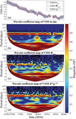 Figure 9. Time series and magnitude maps calculated from Torrence and Compo (Citation1998). (a) In situ P10cm and  unw, heffunw_cal time series and associated wavelet coefficient maps; (b) Va,nVSMin−situ; (c) Va,nVSM unw; (d) Va,nVSMheffunw_cal.