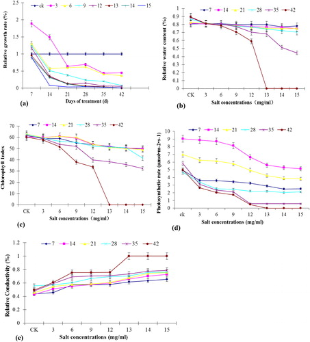 Figure 1. Effect of different NaCl concentrations on the physiology of Tiger lily. Relative growth rate (a); RWC (b); chlorophyll index (c); photosynthetic rate (d); relative conductivity (e). The treatment duration was 7, 14, 21, 28, 35 and 42 days.