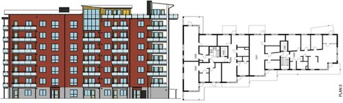 Figure 2. Illustrations of the west facade and a floor plan of the studied CLT multi-storey building.