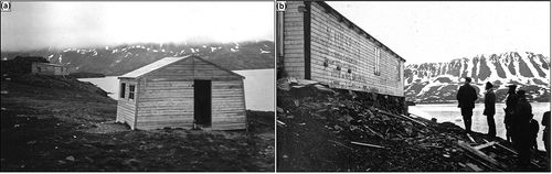 Figure 3. Anders Orvin’s photographs: (a) the view of two buildings at Asbestodden; (b) south wall of the main building, with dates from 1917 until 1921 painted on the side. (Source: Norwegian Polar Institute).