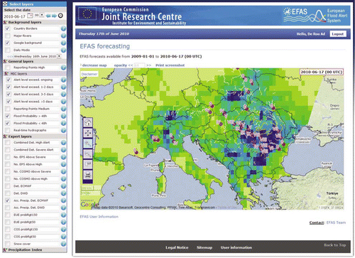 Figure 1.  The on-line European Flood Alert System: the system displays locations where flooding is predicted, as well as overlays of accumulated forecasted rainfall over the forecast domain (10–14 days). Users can zoom in and get detailed information on the points where flooding is predicted.