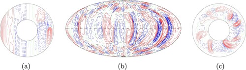 Figure 8. Typical structures of the velocity field in the case. (a) shows lines of constant u¯ϕ in the left half and streamlines rsin⁡θ∂θv¯ = const. in the right half, all in the meridional plane; (b) shows lines of constant ur at r=ri+0.5 and (c) shows streamlines, r∂ϕv = const. in the equatorial plane. These images correspond to the time t = 13.52 in the simulation.
