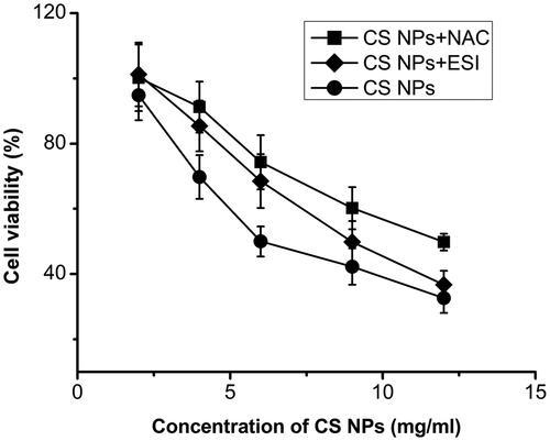 Figure 6. Viability of SMMC-7721 cells after incubation with CS NPs and its combination with NAC and ESI for 12 h. Data are presented as mean ± SD (n = 3).