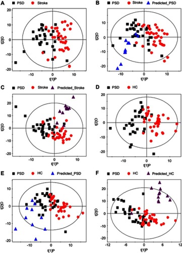 Figure 5 Independent validation of diagnostic performance of PSD-biomarkers. (A–C) The OPLS-DA model constructed with PSD-specific metabolites showing a clear discrimination between PSD and stroke subjects in the training set; The reconstructed OPLS-DA models correctly predicted all PSD and stroke subjects in test set. (D and E) The OPLS-DA model constructed with PSD-specific metabolites showing a clear separation between PSD subjects and healthy comparison subjects. 10 of the 11 healthy comparison subjects and all PSD subjects were correctly predicted by the regenerated OPLS-DA model.Abbreviations: HC, healthy comparison; OPLS-DA, orthogonal partial least-squares discriminant analysi;PSD, post-stroke depression.