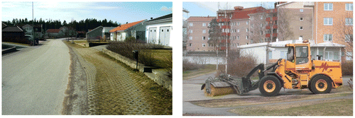 Figure 7. Left: Infiltration trench covered with concrete grid pavers along a residential road in Sweden. An apparent clogging risk due to sand applied during winter maintenance is present. Right: Sediment removal from (inter alia) infiltration trenches and buffers strips.