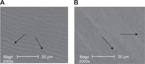 Figure 3 Scanning electron microscope images of the capsule of the foldable capsular vitreous body. Mini apertures of 300 nm in the capsules were observed before the release (A) and at the end of the experiment time (B) (arrows).