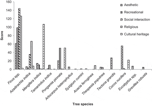 Figure 6. Cultural services of different tree species according to farmers’ perception in Mandya, Karnataka.