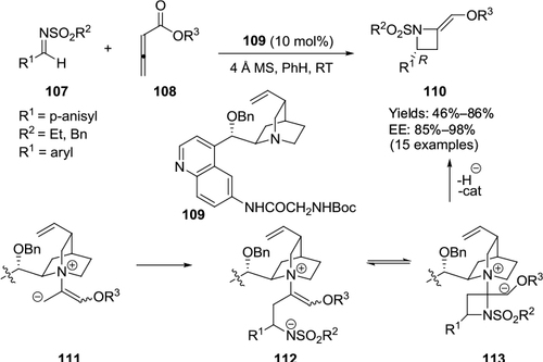 Figure 36 Application of Cinchona alkaloid-based catalyst with N-Boc glycinamide on C6′ and benzyloxy groups on C9 in [2+2]-cycloaddition.