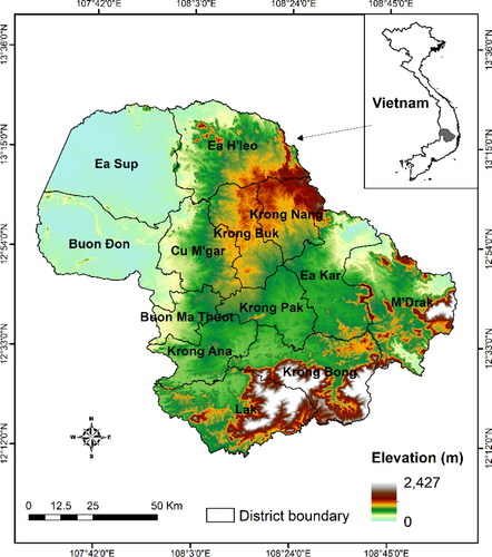 Figure 1. Map of the study region concerning elevation levels, administrative boundaries of districts, and national geography of Vietnam.
