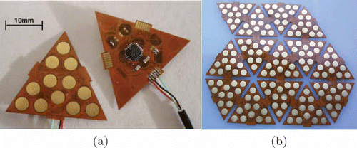 FIGURE 1 (a) A skin triangular module PCB, front and rear sides; (b) a patch of interconnected modules.