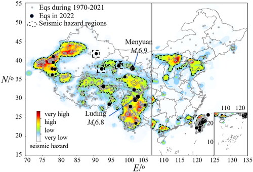 Figure 5. Annual seismic hazard regions in China in 2022 and the corresponding earthquakes of magnitude 5.0 and above in Mainland China. The dashed lines delineated the probability contours in which the proportion of areas of the seismic hazard regions and whole Chinese Mainland is 20%. earthquakes in 2022 but outside the annual seismic hazard regions are marked with dotted boxes.