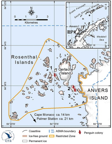 Figure 1. Map of the Rosenthal Islands. GPS waypoints for the three islands surveyed: Island 1: S 64.59079, W 064.24715; Island 2: S 64.60035, W 064.21499; Island 3: S 64.60297W, 064.21044.