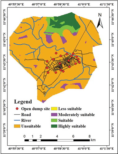 Figure 5. Overall solid waste dump site suitability map for Logia town