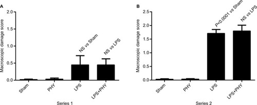 Figure 4 Effect of PHY on small intestinal macroscopic changes during systemic inflammation, with (series 1, A) and without (series 2, B) any additional volume loading.Notes: Systemic inflammation was induced by an intravenous infusion of LPS (0.5 mg/kg×h over a period of 180 minutes). In series 1, physiological sodium chloride solution was continuously infused starting directly after the beginning of the LPS infusion at a rate of 3 mL/kg×h. PHY (50 µg/kg×10 minutes) was administered intravenously at T=90 minutes after the beginning of the LPS infusion. Shown are mean values±SEM, n=8 animals per group (n=4 for non-LPS groups) for series 1 and n=5 animals per group for series 2.Abbreviations: LPS, lipopolysaccharide; PHY, physostigmine; NS, not significant; SEM, standard error of the mean.