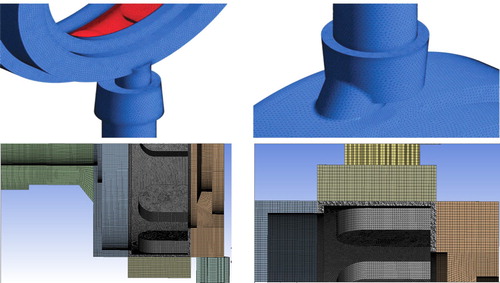 Figure 7. Illustration of the tetrahedral grid implemented in Warda et al. (Citation2015) (top) versus the hybrid-grid multi-zone grid in the present work and in Warda et al. (Citation2018a) (bottom).