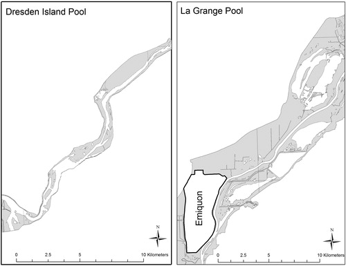 Figure 2. Map of the Illinois River basin (in gray) and main channel, side channels, and connected and disconnected backwaters (in white) of the Dresden Island Pool of the upper Illinois River and the La Grange Pool of the lower Illinois River with the Emiquon Preserve.