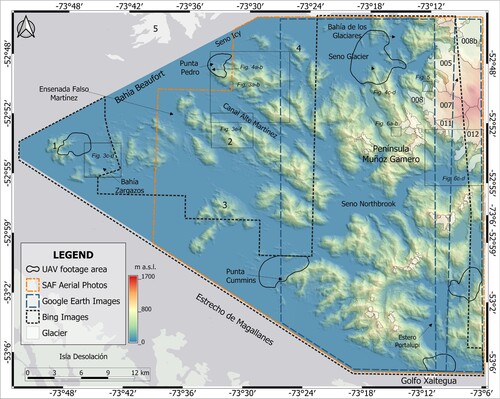 Figure 2. Spatial coverage of imagery used for geomorphological mapping. Planet satellite orthorectified images (Imagery © 2019 Planet Labs Inc.) form the base-map. Mosaics from these satellite images and from Sentinel-2 images cover the entire mapped area so are not indicated. The UAV footage area represents total area visualized during the flight. Colored hillshade of 45° is from ALOS PALSAR DEM and delimits the mapped area. Selected codes from the DGA inventory provided for Gran Campo Nevado glaciers (see Table S1). Islands mentioned in the text are labeled with numbers: 1: Isla Tamar (∼10 km2), 2: Isla Emiliano Figueroa (∼170 km2), 3: Isla Providencia (∼25 km2), 4: Isla Eleodoro (∼8 km2), 5: Isla Merino (∼11 km2).