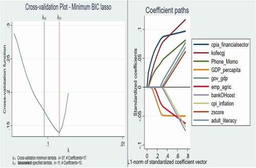 Figure 5. Cross-validation plot (left) and coefficient path plot (right) for Minimum BIC lasso.