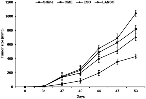 Figure 5. In vivo effects of omeprazole (OME), esomeprazole (ESO) and lansoprazole (LANSO) in SCID mice xenografted with human Me30966 melanoma cells. Saline corresponds to the group of control mice. Mice were divided into four experimental groups of five mice each. Once tumors became evident, PPIs were administered (12.5 mg/kg), four times per week, by intraperitoneal injection. Bars indicate SD, p < 0.05.