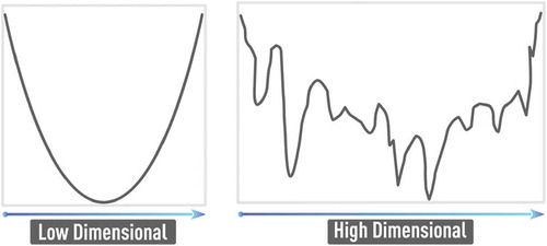 Figure 5. Schematic of error surfaces of low (left panel) and high (right panel) complexity corresponding to problems of low and high dimensionality, respectively. The error function in the high-dimensional space becomes more complex with increasing number of hard-to-avoid local minima.