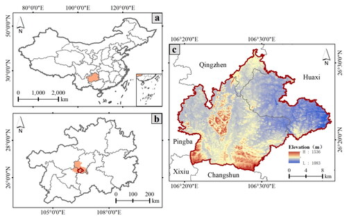 Figure 1. The situation of the study area.(a. Location of Guizhou Province in China; b. Location of GNA in Guizhou; c. The core area of GNA)