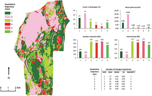 Figure 4. Qualitative land cover change classes based on the change trajectory analysis show that the largest change classes are indicating either forest/scrubland (class 1) or open and semi-open land cover stability (class 2). Gains and losses of forest cover (classes 3 and 4) through reforestation and deforestation are typically small and spatially dispersed areas in the landscape. Around 20% of the land has changed between open and closed conditions with different turnover trajectories (classes 5 and 6). The figure represents also the boundary of the Jozani–Chwaka Bay National Park, covering the eastern part of the study area.