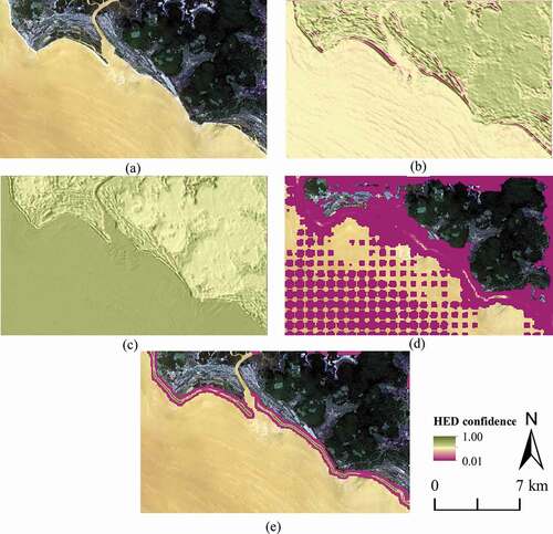 Figure 6. (a) Original 5 m RapidEye image of Varela, Guinea-Bissau (12°28ʹ61.0 N, −16°59ʹ45.7 E). Predicted coastal vegetation edge locations using the HED model trained with spectral band combination (b) RGB, (c) RG-NDVI, (d) RB-NIR, (e) RG-NIR.