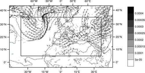 Fig. 2 Map of the meteorological situation of the 7th of November 2011 (12UTC) from the ARPEGE analysis. Vorticity (shadings, 10−4s−1) at model level 60 (≈900 hPa), sea surface pressure (dashed lines every 5 hPa) and winds at model level 35 (≈300 hPa) (only values over 60 kt, drawn in wind barbs). The large rectangle delimits the computational domain.