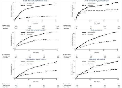 Figure 2 Cumulative incidence (%) of death after positive SARS-COV-2 test and after diagnosis of non-infectious diseases among non-vaccinated and vaccinated individuals.