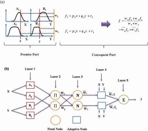 Figure 2. (a) Schematic structure of the TSK fuzzy model. (b) ANFIS model structure (Jang Citation1993).