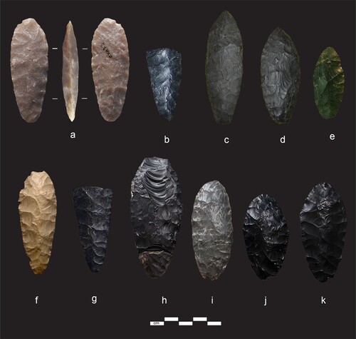 Figure 8. Top row, (a) through (e), oblanceolate or spatulate points from northern Alberta: GlQl-3:5, Poohkay collection, Grande Prairie area, northwest Alberta; (b) Hofer collection, Grande Prairie area; (c) and (d) Craig collection, Grande Prairie area; (e) Grande Prairie Museum. Bottom row, Sluiceway points from the Brooks Range, Alaska: (f), NOAT 18710 Caribou Crossing site in the western Brooks Range, Noatak National Preserve; (g) NOAT 18735, Caribou Crossing; (h) through (j) Irwin Sluiceway (XHP-00496) site in the western Brooks Range, Noatak National Preserve (NOAT 2502, 2503, 3055, and 2499 respectively). GlQl-3:5 photograph courtesy of the Royal Alberta Museum; Grande Prairie area points (b) through (e) courtesy of Todd Kristensen, Archaeological Survey of Alberta. Sluiceway NPS photographs courtesy Jeff Rasic.
