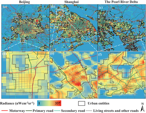 Figure 2. Comparisons of urban entities with road networks in different cities of China in 2015.