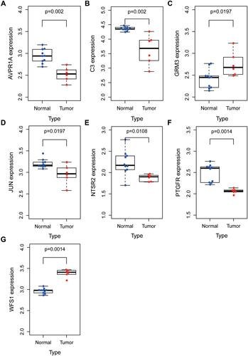 Figure 6 Validation of the expression levels of seven hub genes between APA tissues and normal adrenal tissues in GSE10927. (A) AVPR1A. (B) C3. (C) GRM3. (D) JUN. (E) NTSR2. (F) PTGFR. (G) WFS1.