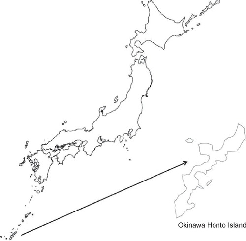 Figure 1 Location of Okinawa Honto Island, Japan. Okinawa Honto Island is the main part of Okinawa Prefecture, which is located in the southwest rim of Japan.