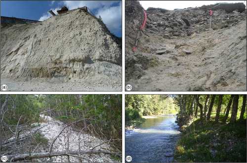 Figure 3. Quaternary continental deposits outcropping near Pescara del Tronto. (a) Ancient slope and landslide deposits; (b) Calcareous tufa deposits in correspondence of the damaged urban area; (c) Recent debris deposits; (d) Fluvial and alluvial deposits in the Tronto River plain.