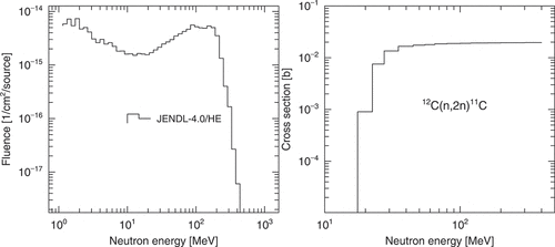 Figure 16. Neutron energy spectrum with the JENDL-4.0/HE at the entrance of additional shields (left) and activation cross-sections of the 12C(n, 2 n)11C reaction taken from the KEK Report 2001–24 [Citation17] (right).