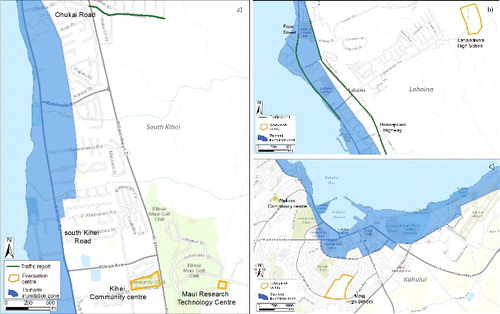 Figure 8. Evacuation details at Maui Island (figure 6(e)), showing the streets where heavy traffic was reported, the tsunami inundation areas, and the location of the evacuation areas. (a) South Kihei; (b) Lahaina; (c) Kahului.